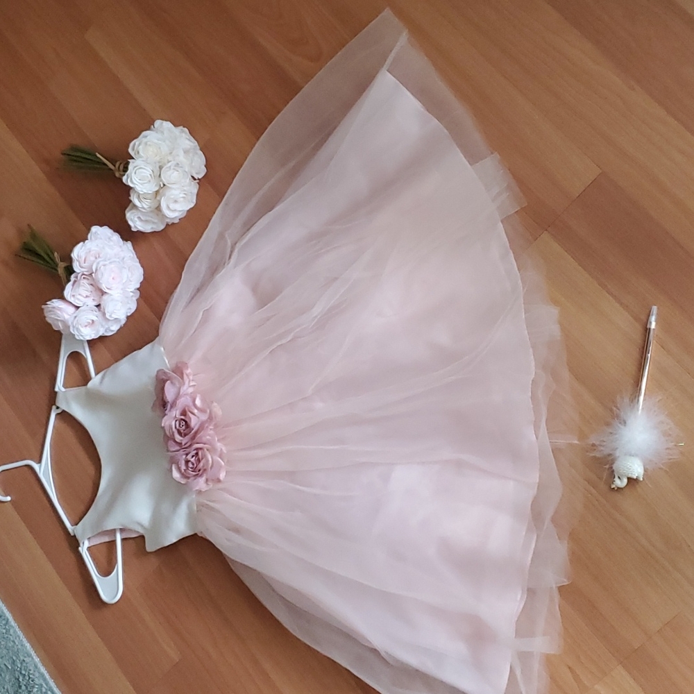 Petite Adele Flower Girl Dress, Two Silk Bouquets, Swan Pen